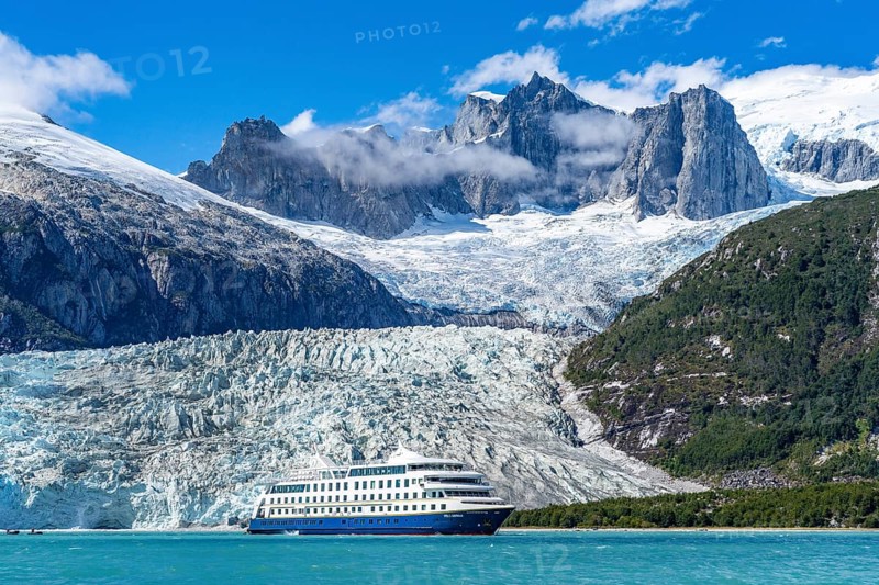 Cruise ship Stella Australis anchors in front of the Pia Glacier, Alberto de Agostini National Park, Avenue of the Glaciers, Chilean Arctic, Patagonia, Chile, South America