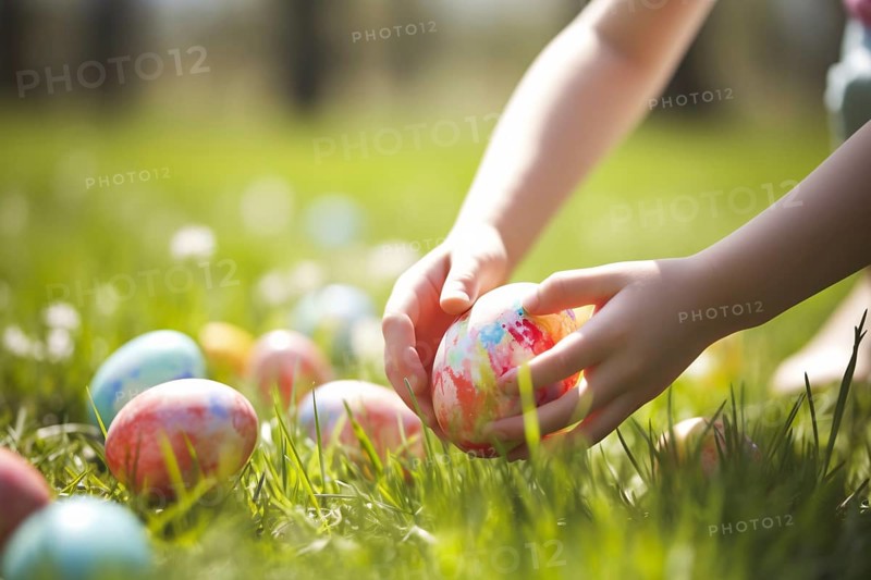 CHild picking up colorful Easter egg from grass during egg hunt. KI generiert, generiert AI generated