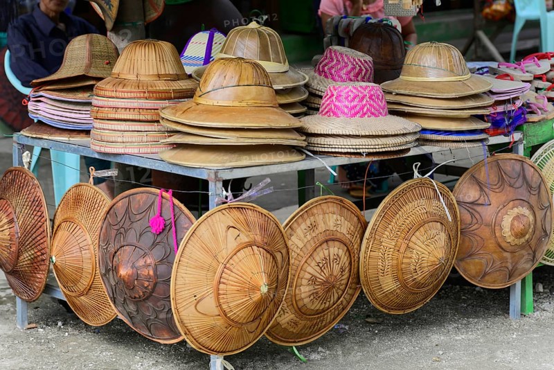 Hats, straw hats on poles, Mingun, Myanmar, Asia