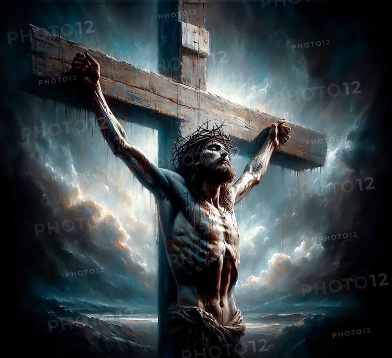 Jesus Christ crucified with the crown of thorns on the cross, symbolic image myth, religion, saviour, Christianity, crucifixion, martyr, Jesus of Nazareth, New Testament, AI generated, AI generated