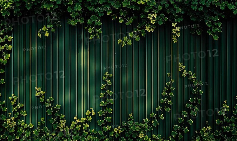 Green wall with shamrock growing on it. Green background. AI generated