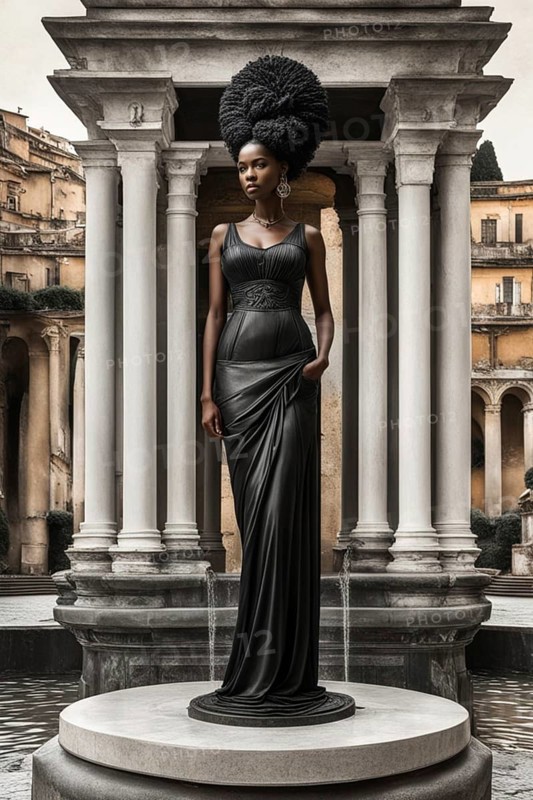 Statuesque woman and with braided dreadlocks afro hairstyle in chic attire standing by Roman columns, AI generated