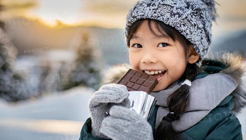 KI generated, Young girl, 10, years, eating a bar of chocolate, one person, outdoor shot, ice, snow, winter, seasons, eating, eating, hat, bobble hat, gloves, winter jacket, cold, coldness