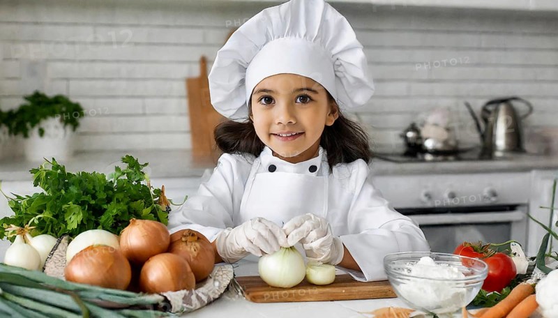 AI generated, human, humans, person, persons, child, children, 8 year old girl cutting onions in a white kitchen, chef hat, smock, cute, cute, beautiful eyes, beautiful teeth, cook, cook, kitchen table, vegetables, onions, garlic