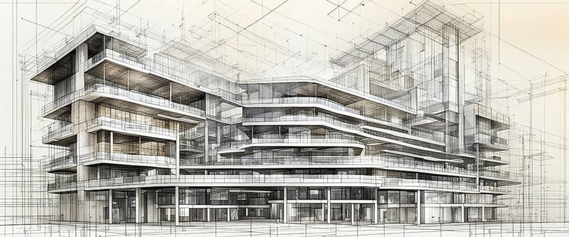 Blueprint featuring a modern building with a complex, curved design, horizontal aspect ratio, off white background, AI generated