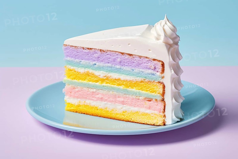 Slice of rainbow colored layered cream cake on blue plate. KI generiert, generiert AI generated
