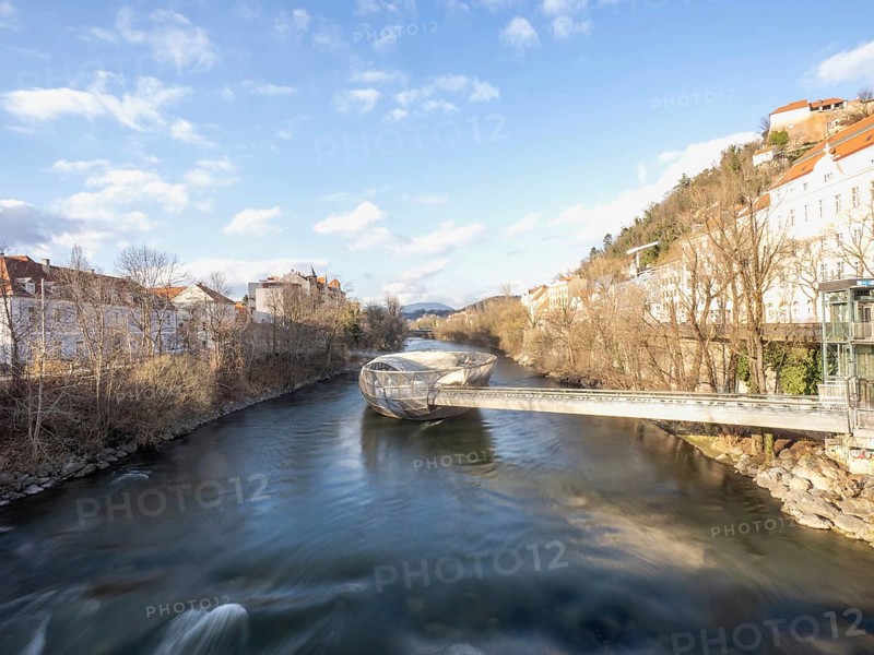 Futuristic Mur Island in the River Mur, artificial island in the river, Graz, Styria, Austria, Europe