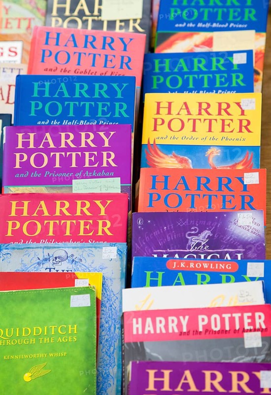 Harry Potter books on display at a car boot sale, UK