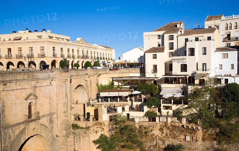 Historic New Bridge, Puente nuevo, spanning the El Tajo gorge over the Rio Guadalevin river, Ronda, Spain, Europe