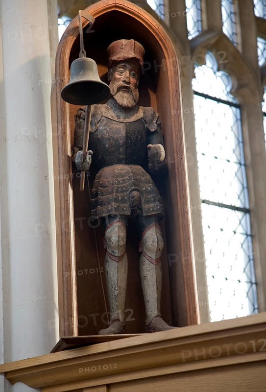 Wooden clock jack figure dated 1682 Holy Trinity church, Blythburgh, Suffolk, England, United Kingdom, Europe