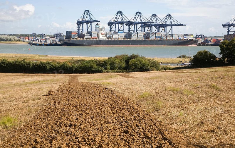Cranes and container ships at Trimley Docks part of the Port of Felixstowe, Britain's busiest container port, from Shotley, Suffolk, England, United Kingdom, Europe