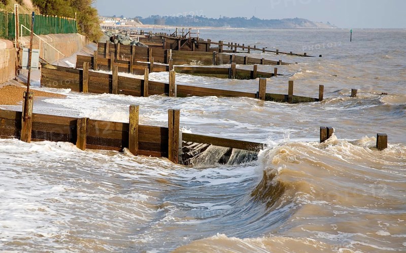 Coastal defences on the North Sea coast in East Anglia at Cobbold's Point, Felixstowe, Suffolk, England, United Kingdom, Europe