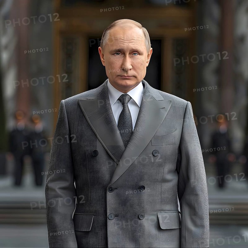 President of the Russian Federation, Vladimir Vladimirovich Putin with grey double-breasted suit, white shirt and grey tie, AI generated, AI generated