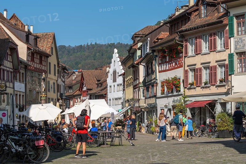 Stein am Rhein, historic old town, town hall square, inn, half-timbered houses, flower decorations, tourists, Canton of Schaffhausen, Switzerland, Europe
