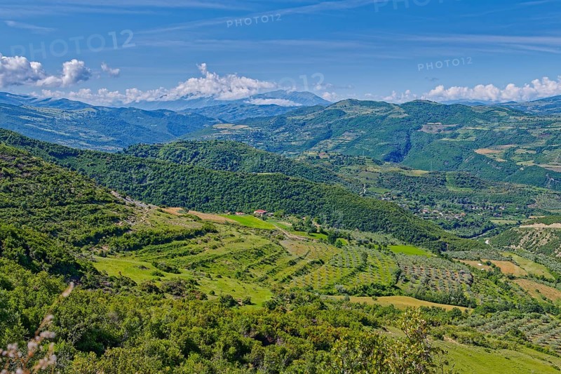 The valley of the river Osum on the western slope of the Tomorr massif and the southern Albanian mountain landscape m Tomorr National Park, also known as Tomorri National Park. Berat, Albania, Southeast Europe, Europe