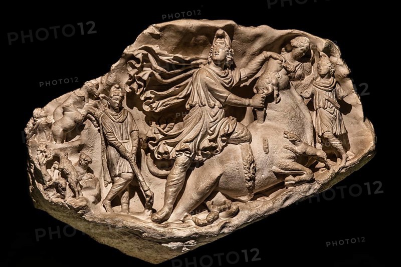 Relief of Mithras killing a bull, 19th century National Archaeological Museum, Villa Cassis Faraone, UNESCO World Heritage Site, important city in the Roman Empire, Friuli, Italy, Aquileia, Friuli, Italy, Europe