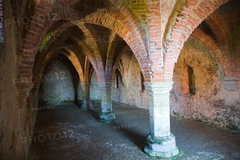Vaulted roof and pillars in the cellar of the historic Guildhall, Blakeney, Norfolk, England, United Kingdom, Europe