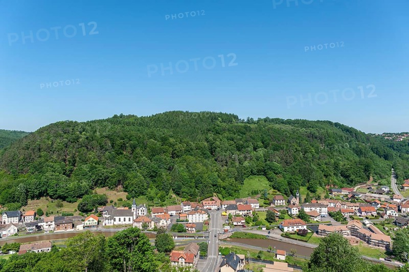 View from the ruins of Luetzelbourg to the village of Lutzelbourg with the Rhine-Marne Canal, Lutzelbourg, Lorraine, France, Alsace, Europe