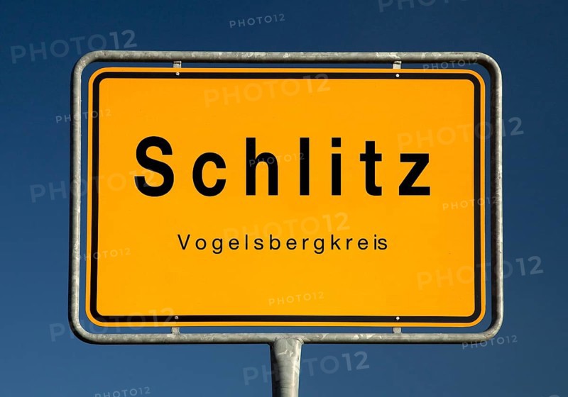 Schlitz town sign, small town in the Vogelsberg district, Hesse, Germany, Europe