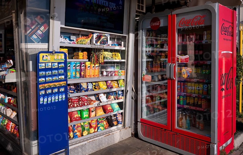Kiosk, Coca Cola, logo, soft drinks, crisps, souvenirs, Thessaloniki, Macedonia, Greece, Europe