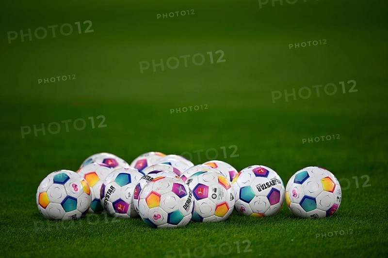 Adidas Derbystar match balls on the pitch, WWK Arena, Augsburg, Bavaria, Germany, Europe