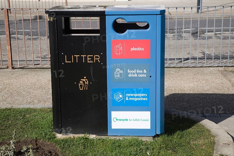 Litter bins for sorted rubbish recycling in a street, UK
