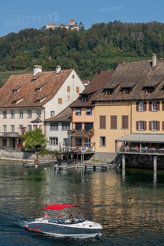 Stein am Rhein, Hohenklingen Castle, mountain, restaurant on the water, sports boat, blue sky, Canton Schaffhausen, Switzerland, Europe