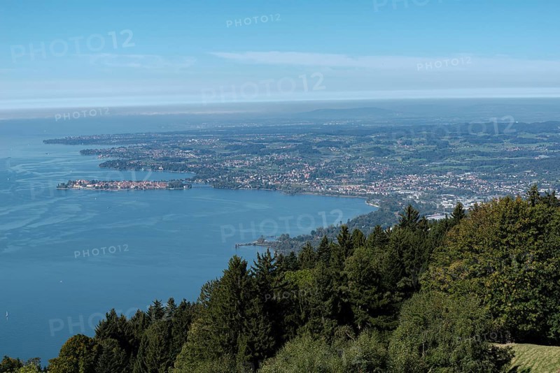 View from the Pfaender, 1064m, local mountain of Bregenz, to Lindau, moated castle, Langenargen, Lake Constance, Vorarlberg, Alps, Austria, Europe