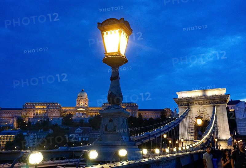 Chain Bridge in Budapest at the blue hour, in the background the Castle Palace, 21.07.2019