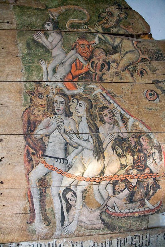 Early sixteenth century religious painting depicting the Day of Judgement called the Wenhaston Doom, Suffolk, England, United Kingdom, Europe
