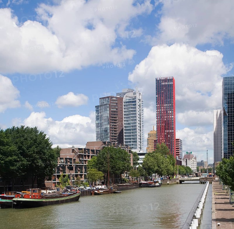 High rise office blocks and Red Apple residential apartments from Scheepmakers Haven, Rotterdam, Netherlands