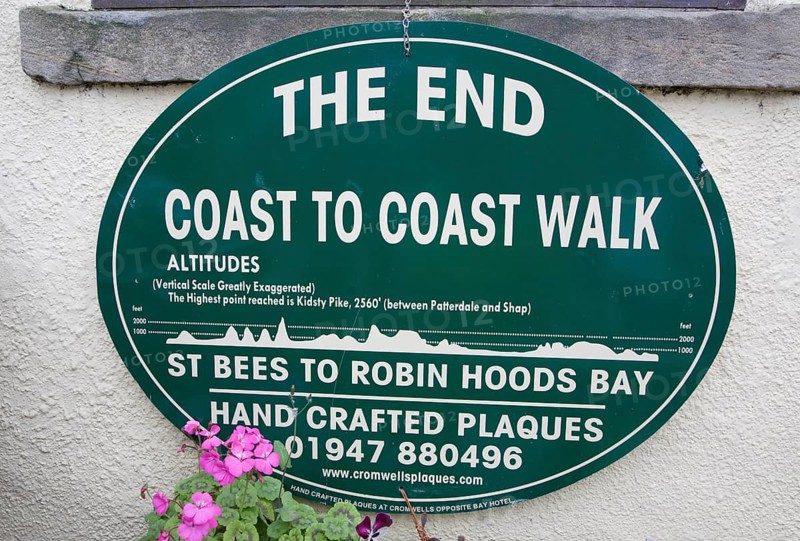 Sign showing the end of the Coast to Coast walk from St Bees to Robin Hoods Bay, England, United Kingdom, Europe