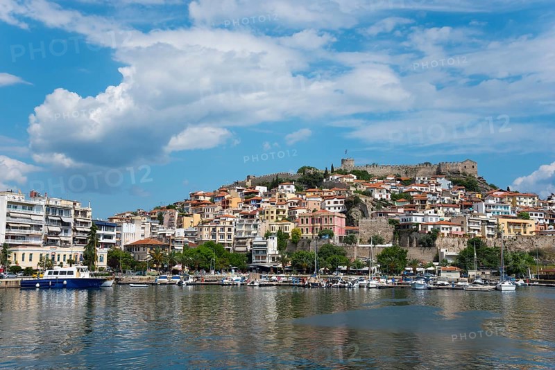 View of a Mediterranean coastal town with a fortress on a hill and boats at the pier, Old Town, Kavala, Dimos Kavalas, Eastern Macedonia and Thrace, Gulf of Thasos, Gulf of Kavala, Thracian Sea, Greece, Europe