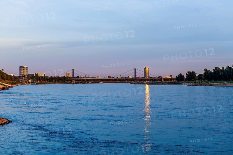 City view with bridge over a river reflecting the light of dusk, Theodor-Heuss-Bruecke, Duesseldorf, North Rhine-Westphalia