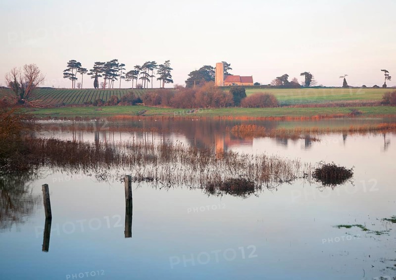 Coastal flooding leading to inundation of land not covered by flood water for 50 years, Ramsholt, Suffolk, England, December 2013