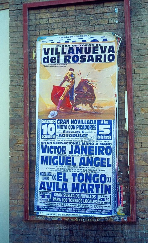 Poster advertising bull fight in Malaga, Andalusia, Spain, Southern Europe. Scanned thumbnail slide, Europe