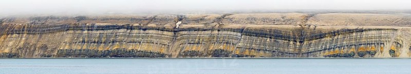 Sea cliff showing limestone and sandstone strata from the Permian period along the Hinlopen Strait, Hinlopenstretet, Spitsbergen, Svalbard, Norway, Europe