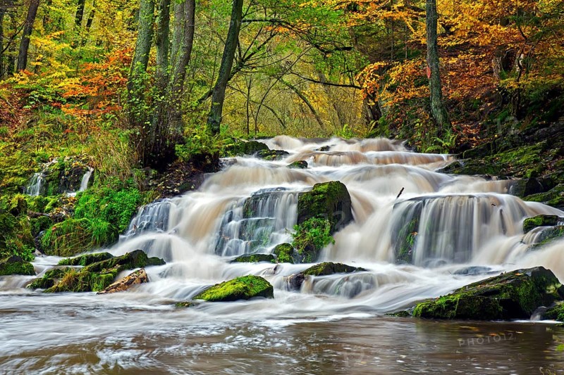 Waterfall near Alexisbad on the Selke river in nature reserve Obere Selketal in autumn, Harz district, Saxony-Anhalt, Sachsen-Anhalt, Germany, Europe