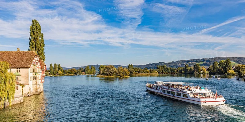 Excursion boat on the Hochrhein near Stein am Rhein, Rhine, Lake Constance, Canton Schaffhausen, Switzerland, Europe