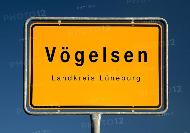 Town sign Voegelsen, joint municipality of Bardowick, district of Lueneburg, Lower Saxony, Germany, Europe