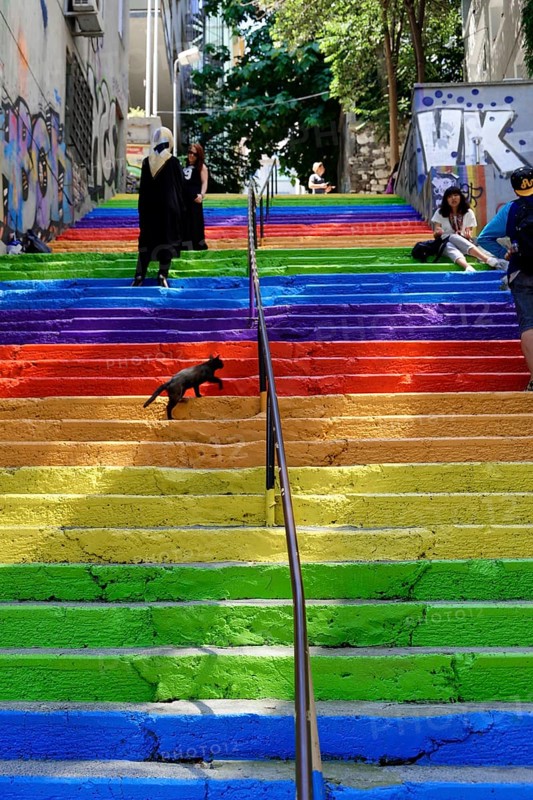 Tourists, painted staircase in rainbow colours, Istanbul, European part, Istanbul province, Turkey, Asia