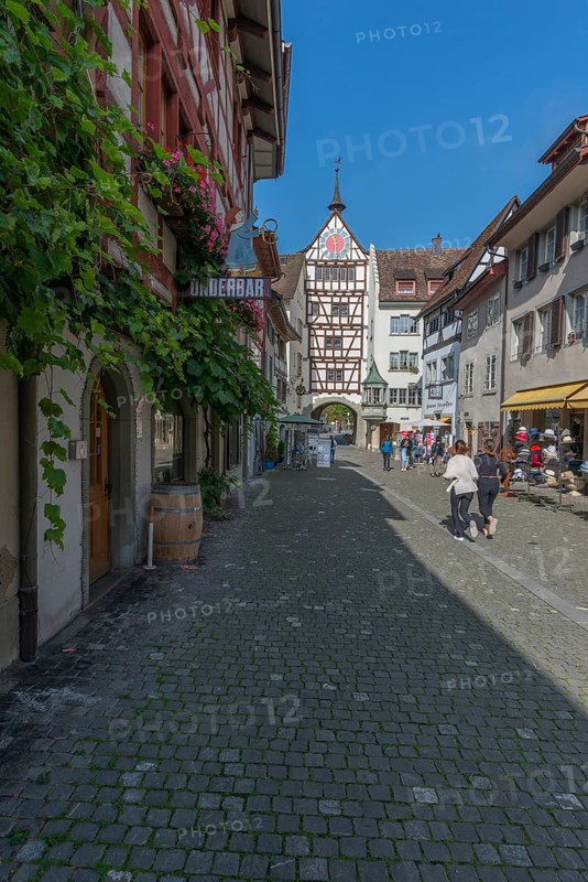 Stein am Rhein, historic old town, lower town with town gate, half-timbered houses, tourists, Canton Schaffhausen, Switzerland, Europe
