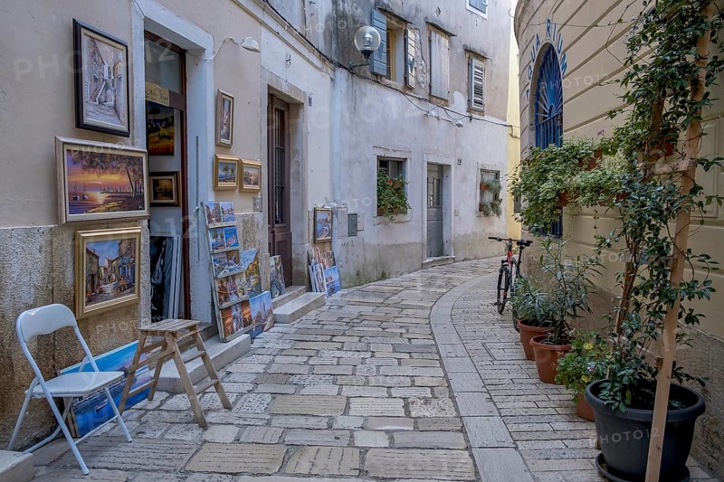 Old town alley with a picture gallery and plants, Old Town Porec, Istria, Croatia, Europe