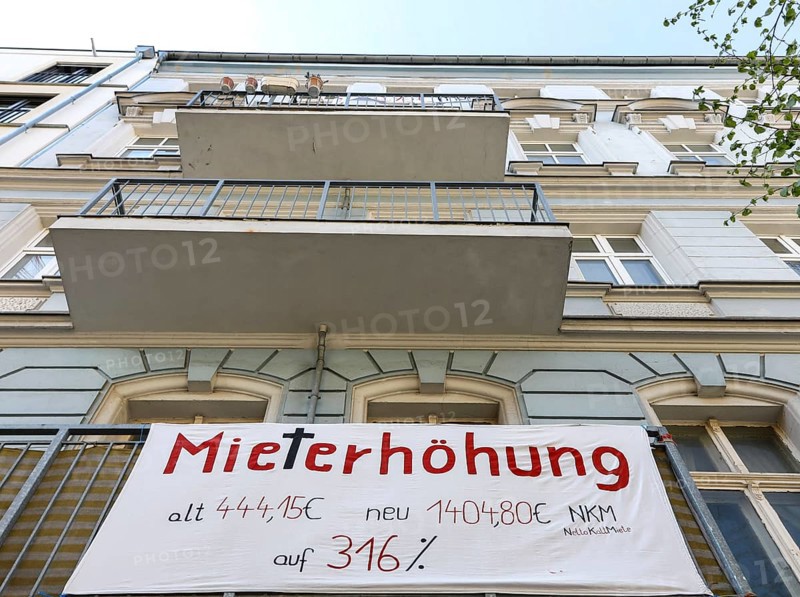 Tenant protest at a block of flats in Berlin's Friedrichshain district. The rent is to be increased from EUR 444.15 to EUR 1404.80, rent increase of 316%, 15 September 2019