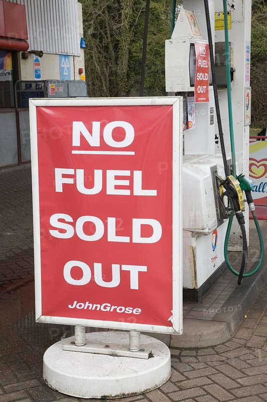 No Fuel Sold Out sign on petrol pumps in John Grose garage, Melton, Suffolk, England, United Kingdom, Europe