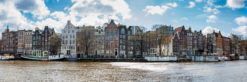 Panorama of the centre, canal houses on the Amstel canal, metropolis, Benelux, skyline, travel, holidays, city trip, city view, overview, row of houses, harbour city, urban, capital, architecture, Amsterdam, Netherlands