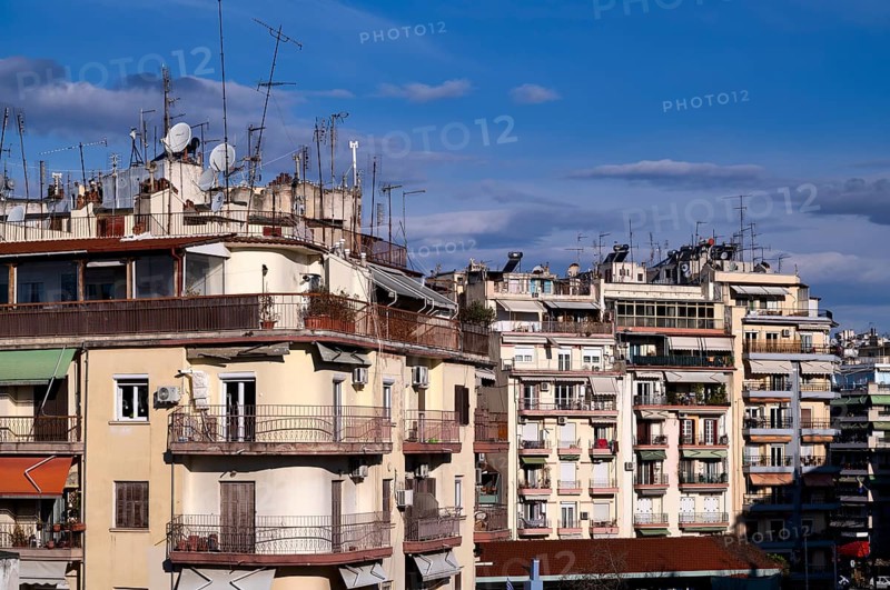 Residential buildings, roof antennas, Leonida Iasonidou street, morning light, Thessaloniki, Macedonia, Greece, Europe