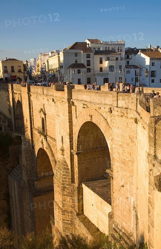 Historic New Bridge, Puente nuevo, spanning the El Tajo gorge over the Rio Guadalevin river, Ronda, Spain, Europe