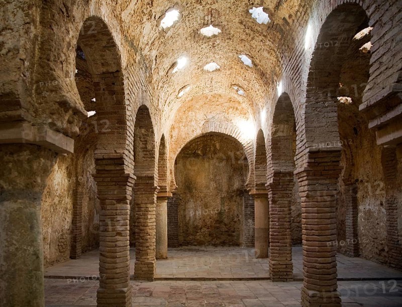 Star shaped skylights in vaulted roof of Arab Baths, Banos Arabes, Ronda, Spain, Europe