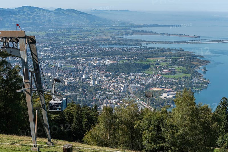 View from the Pfaender, 1064m, local mountain of Bregenz, cable car, mouth of the Rhine, Lake Constance, Vorarlberg, Alps, Austria, Europe